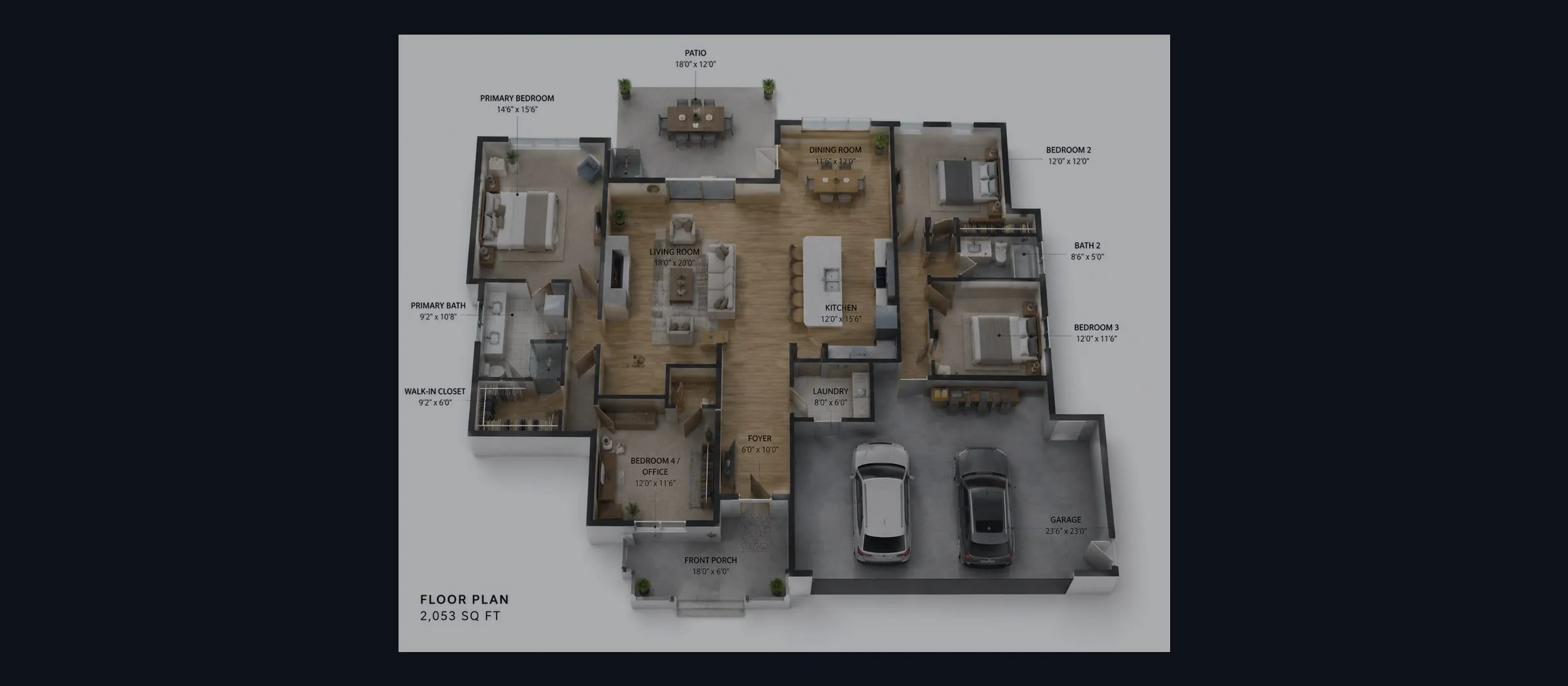 Labeled 3D floor plan render of a single-storey home, every room and dimension visible from above