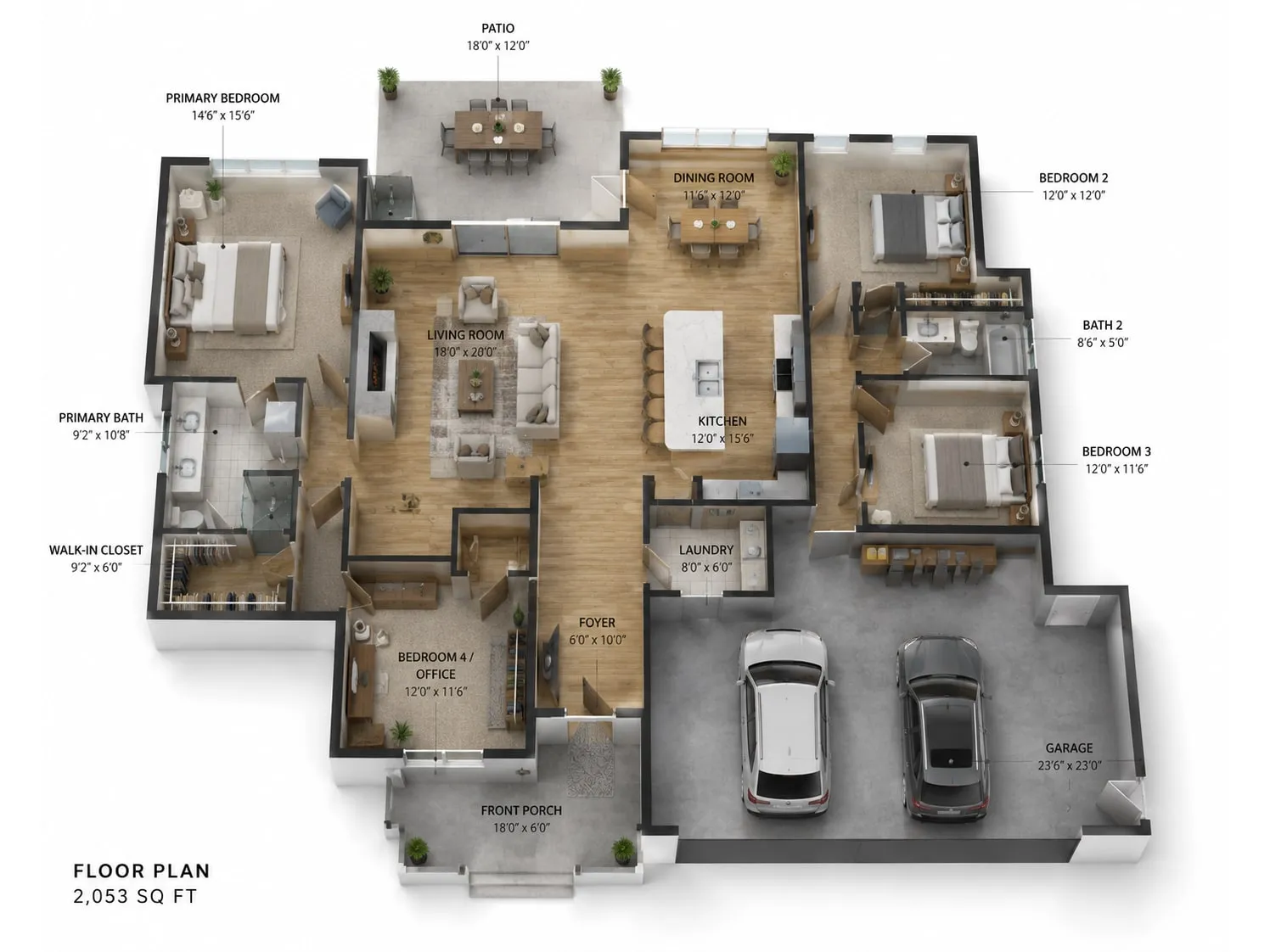 Labeled 3D floor plan render showing every room and its dimensions from above