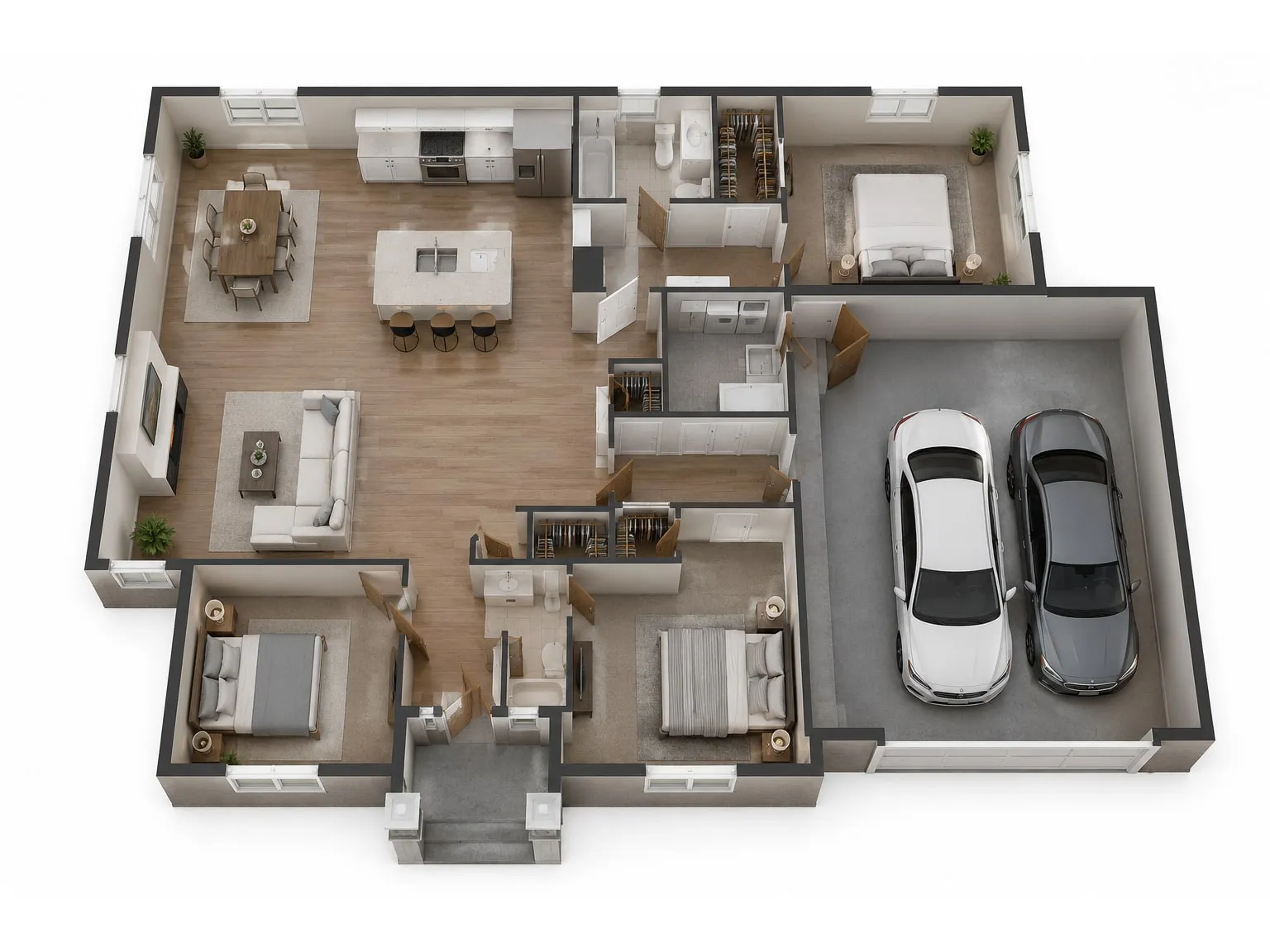 A 3D floor plan render of a single-storey open plan home with three bedrooms and a two-car garage