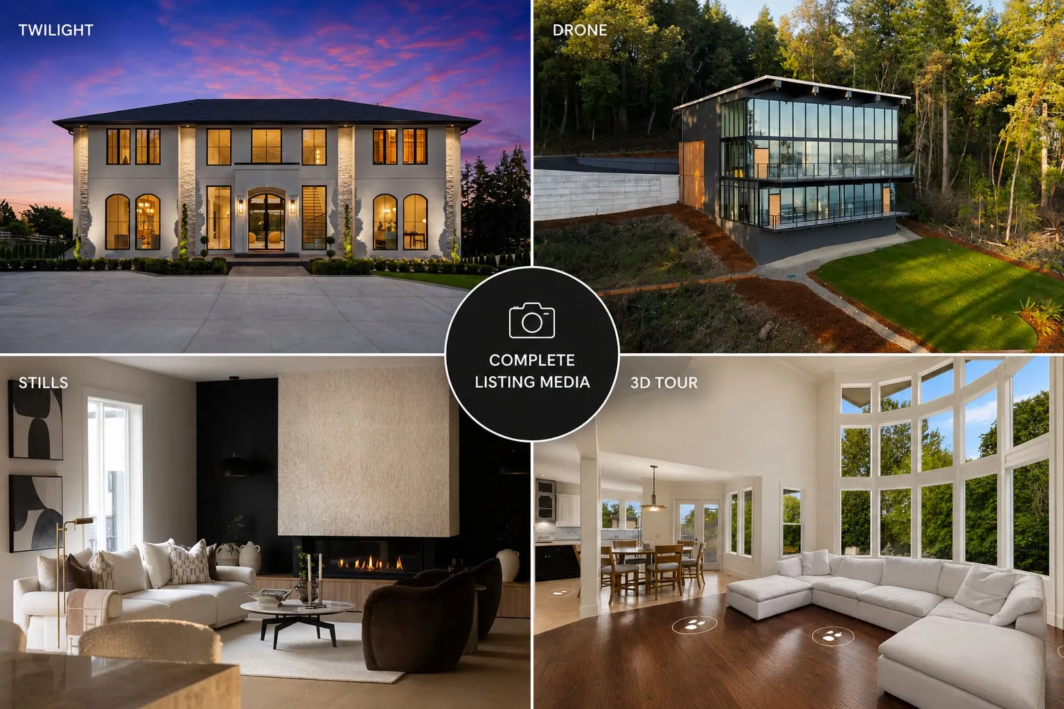 One listing’s full media set side by side: daytime stills, a twilight exterior, a 3D tour and a drone frame