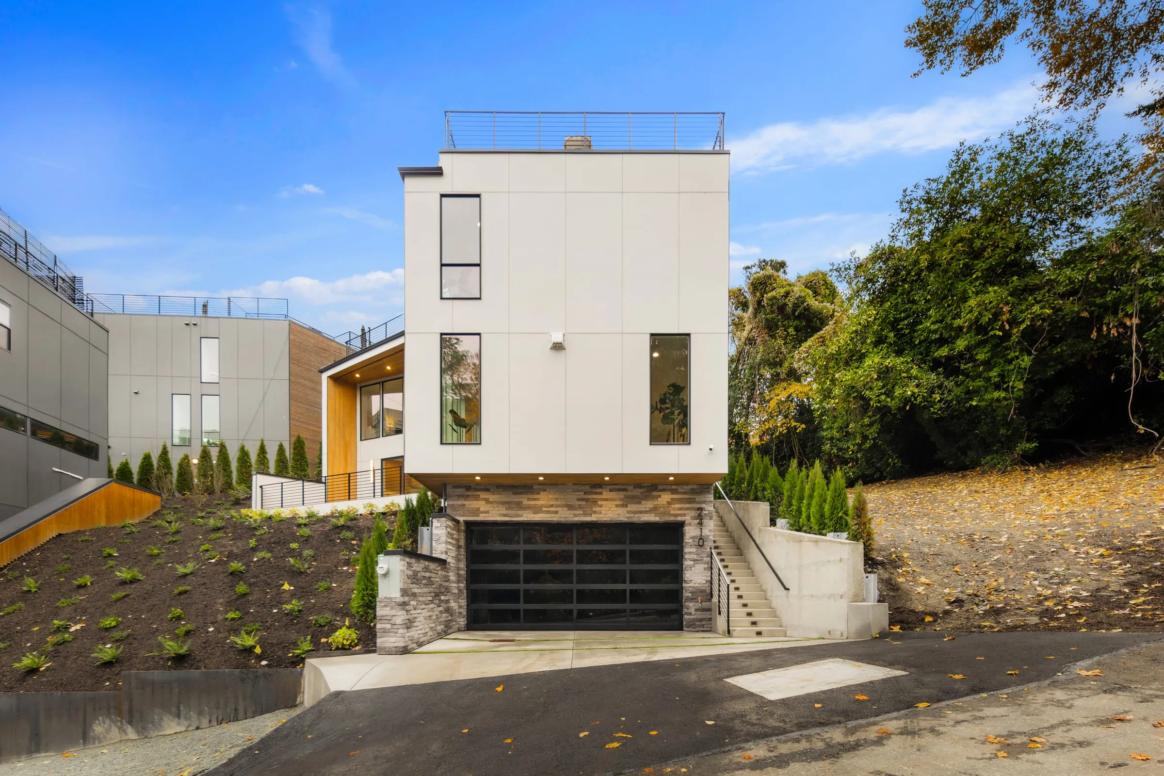 White modern home with a flat roof, tall glazing and a planted hillside approach