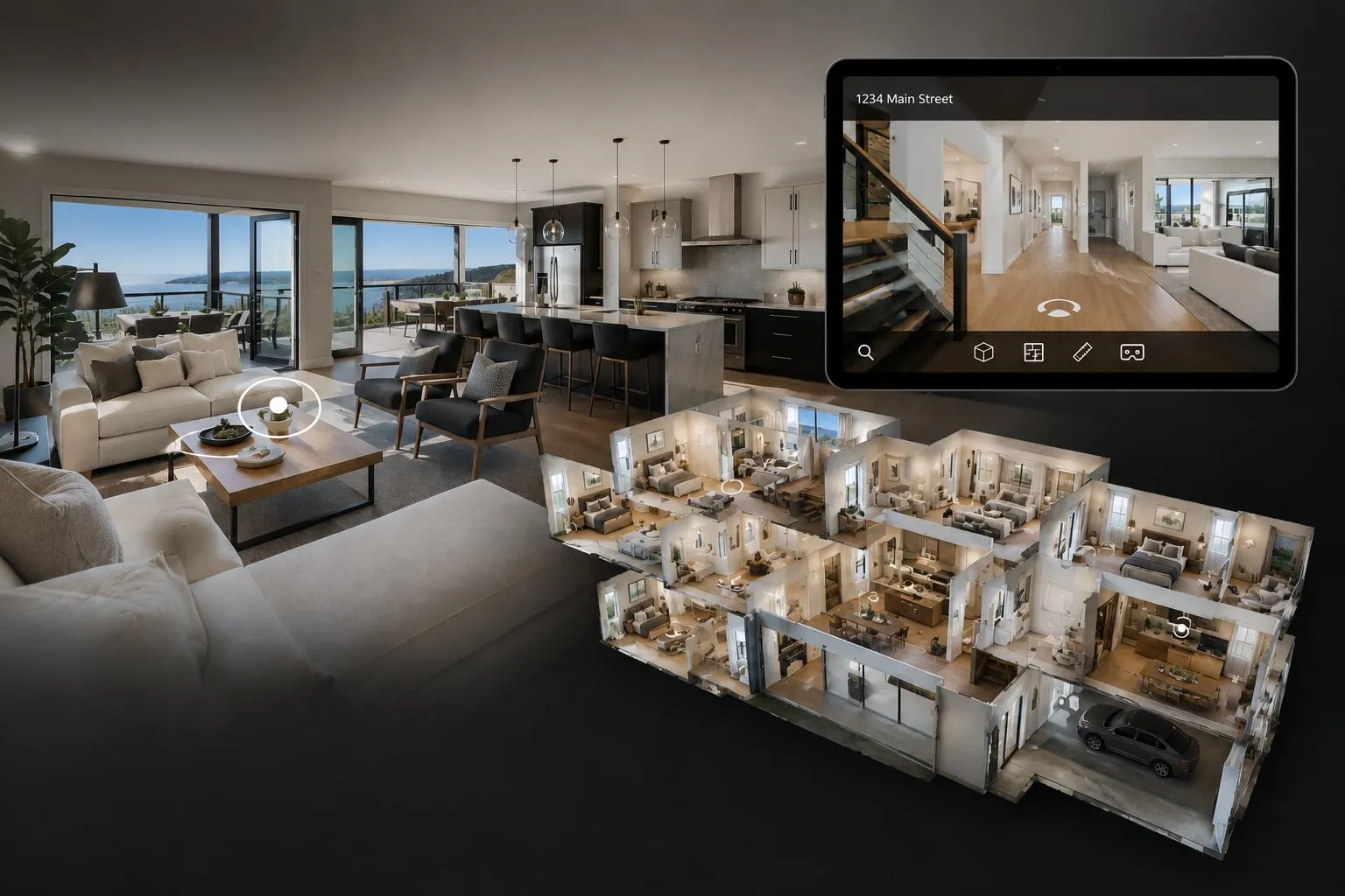 A Matterport 3D tour on a tablet beside a dollhouse view of a whole home