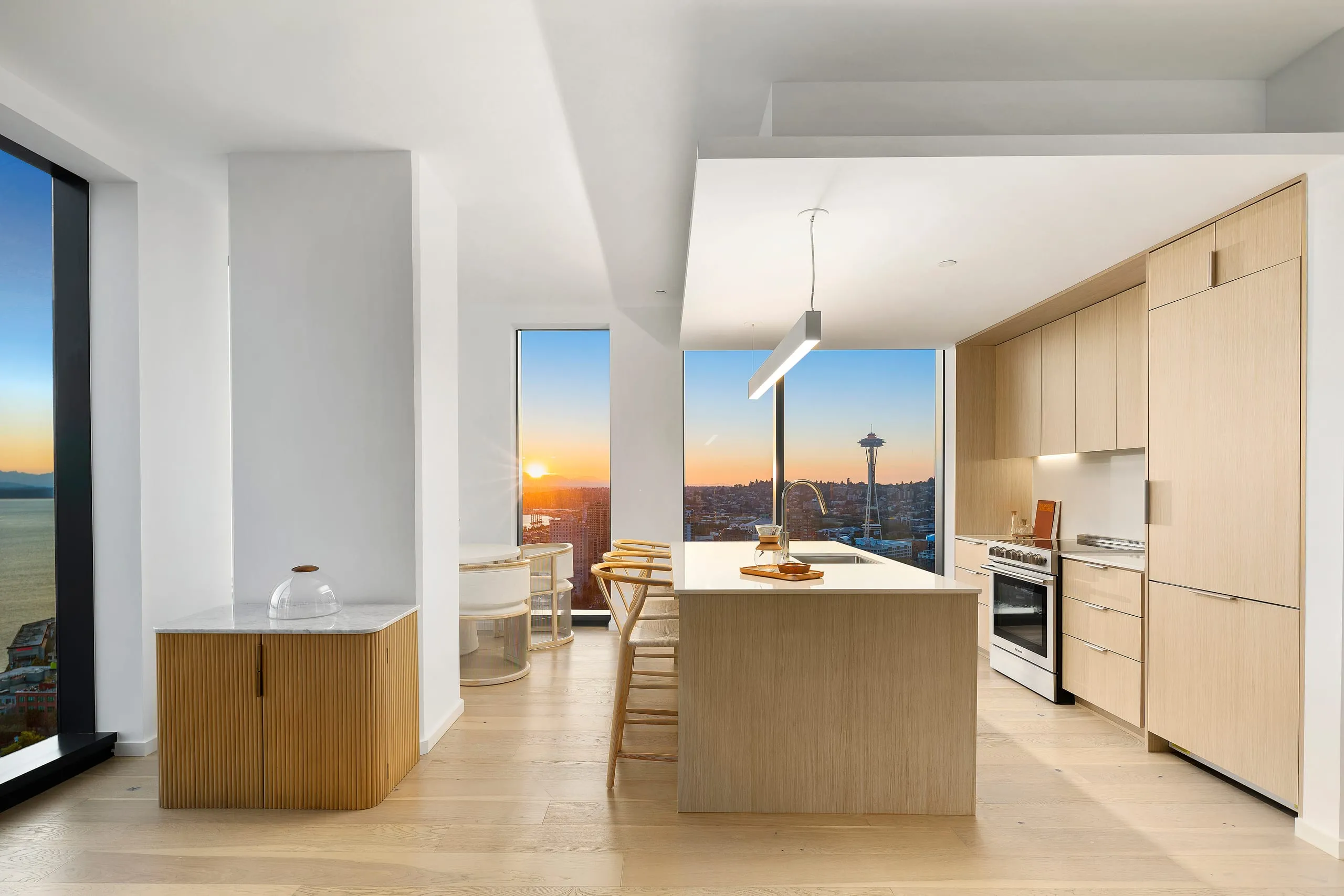 Kitchen with a city view, captured for a Matterport 3D tour
