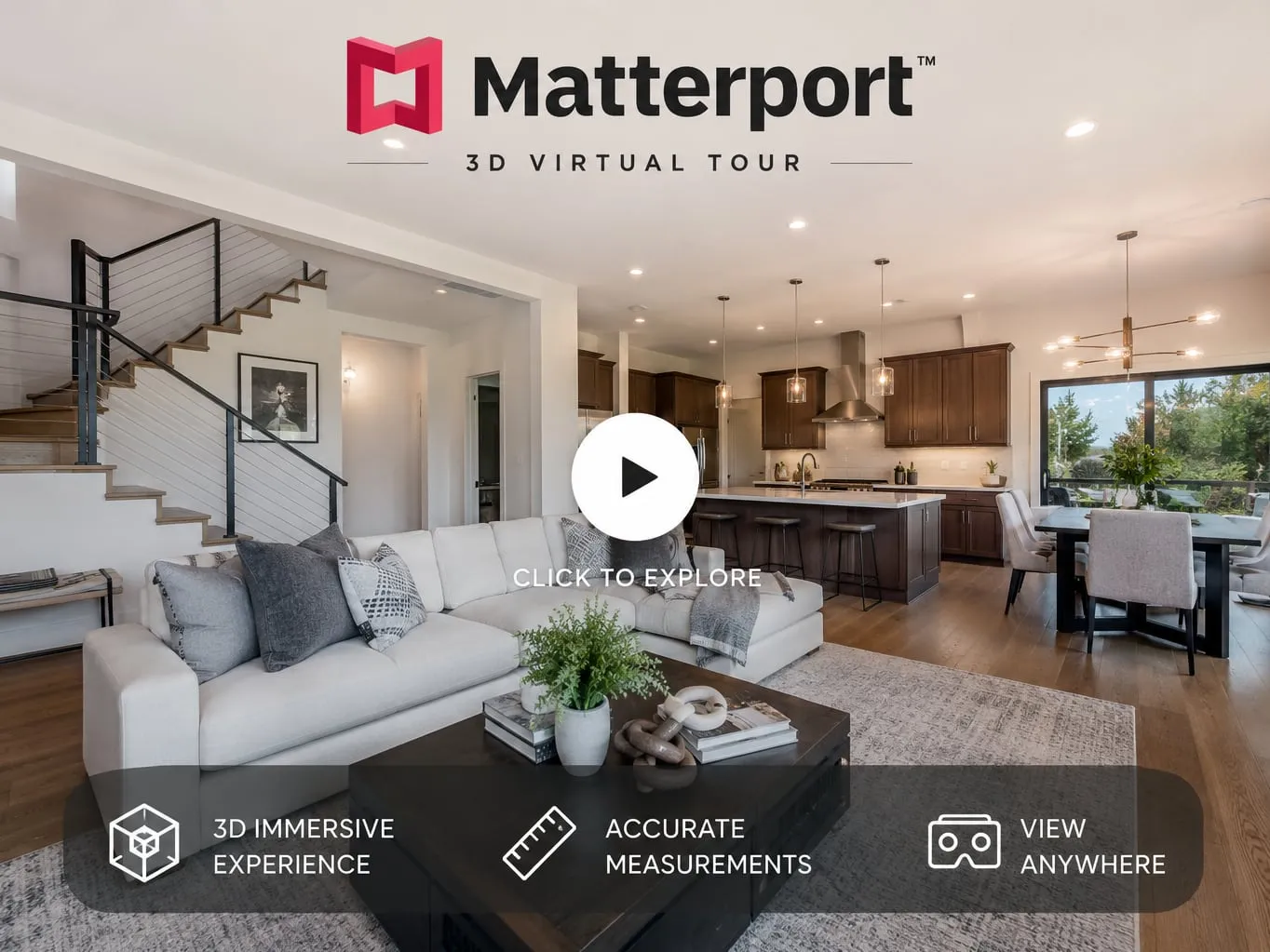 Matterport 3D virtual tour cover: play button and feature badges over an open-plan living room