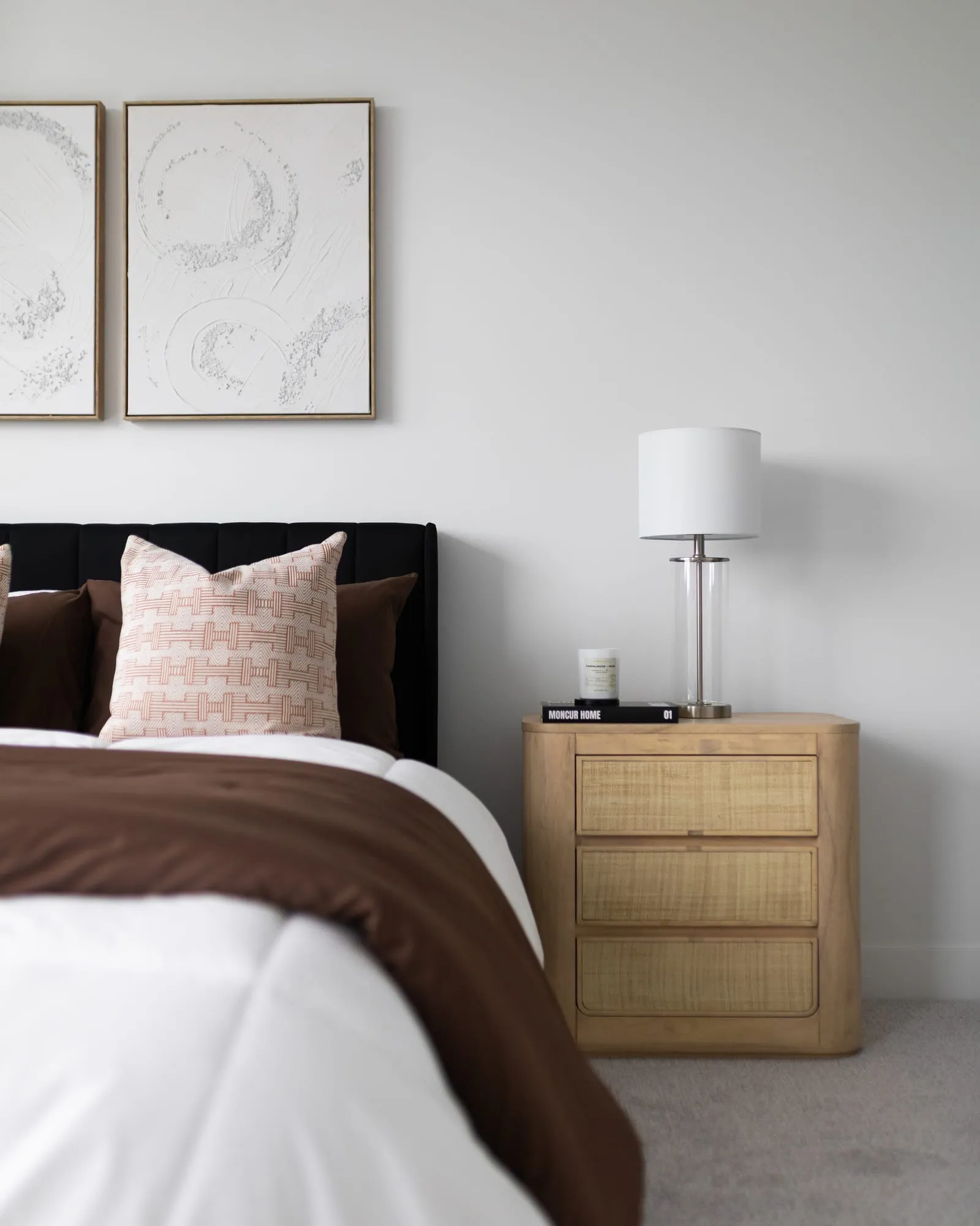 Neutral bedroom styled for photography