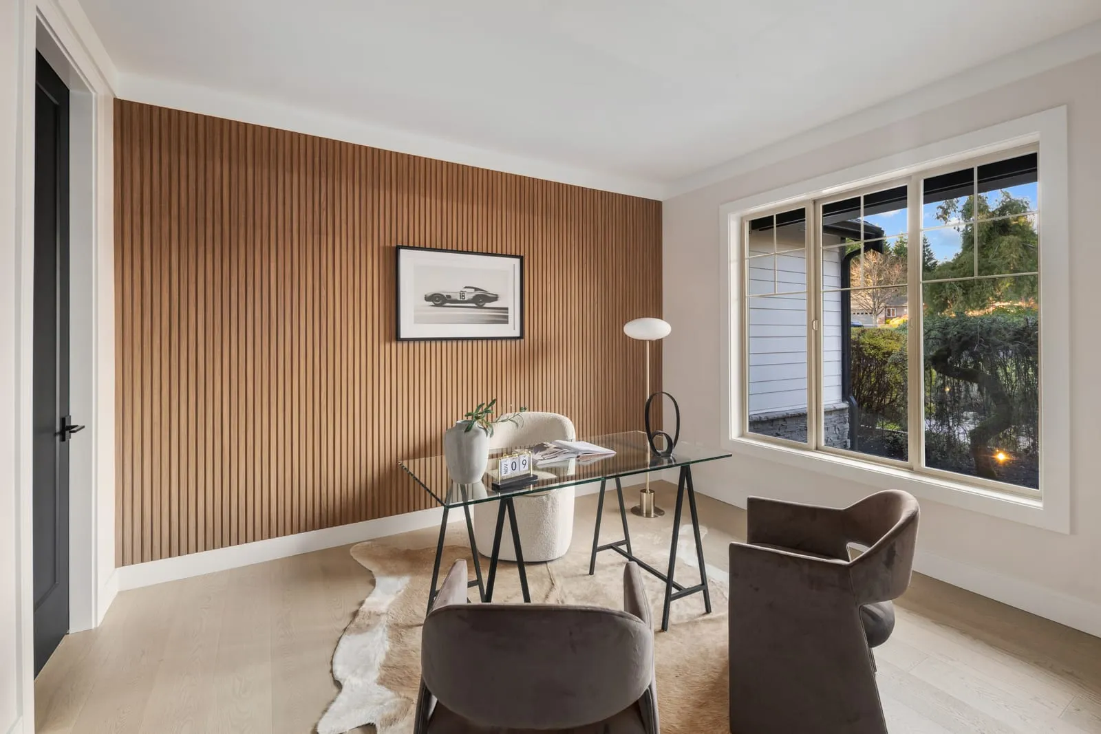 Home office against a slatted wood wall