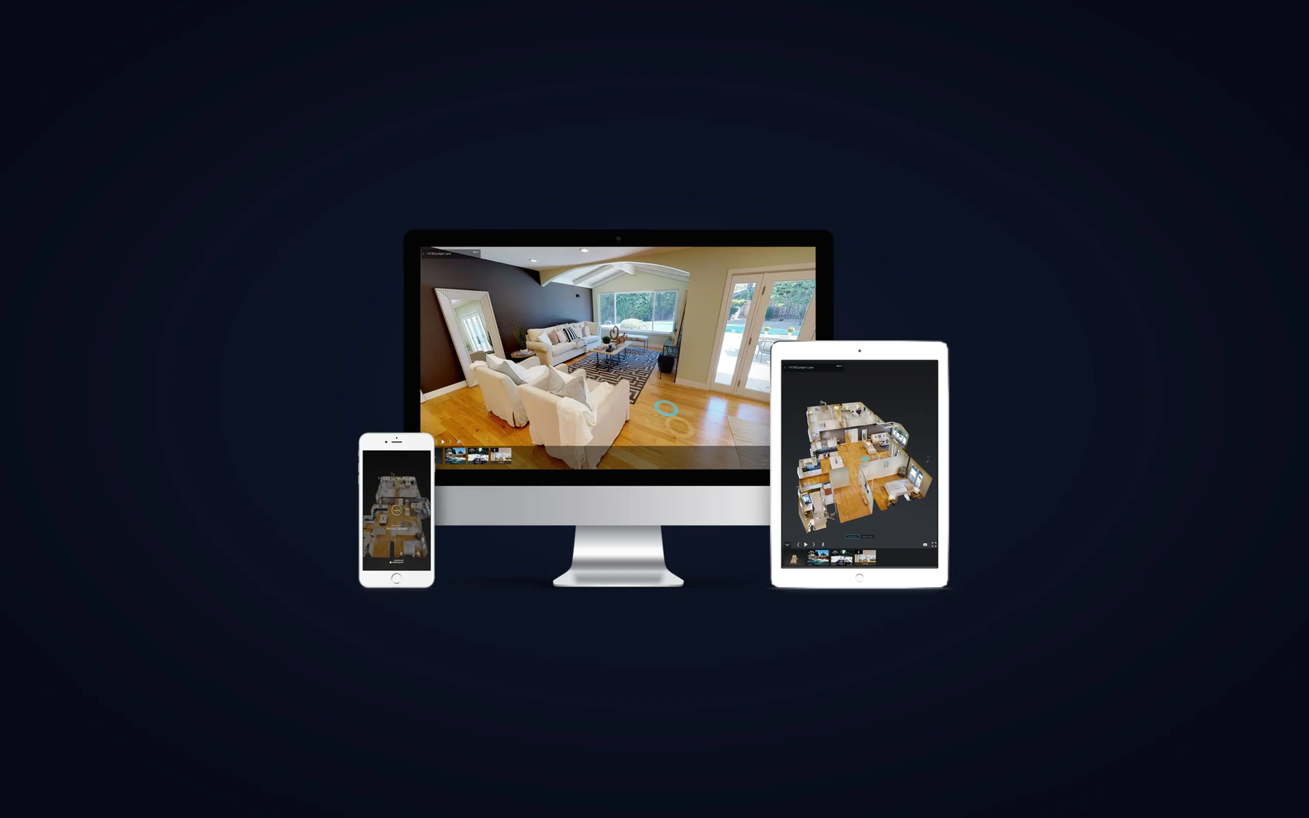A Zillow-style 3D home tour open on a desktop, tablet and phone, showing the dollhouse view and a room walkthrough